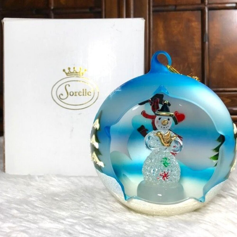 Sorelle Blue Painted Glass Snowman with Dove Painted Glass Lighted Ornament